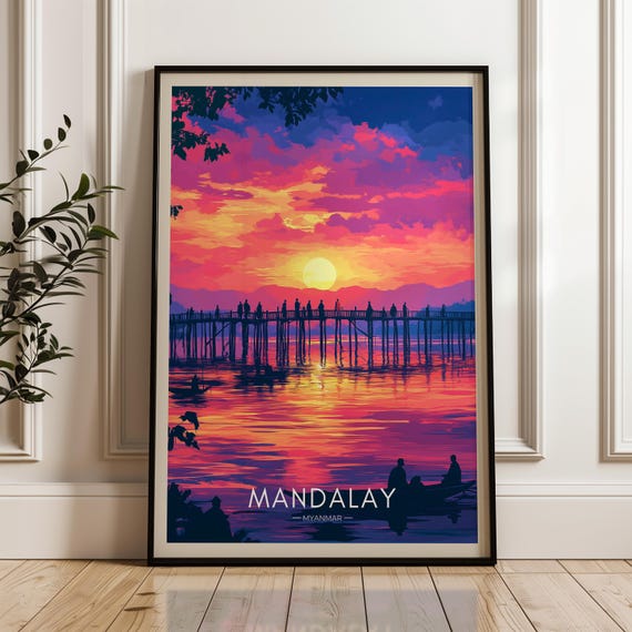 Mandalay Travel Poster, Myanmar River Illustration