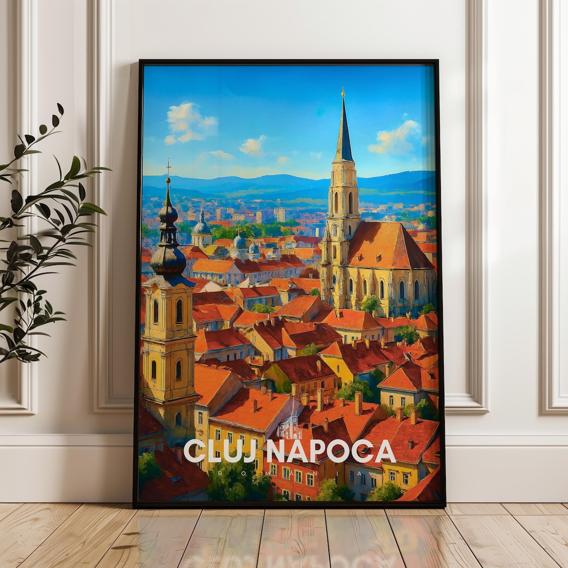 Cluj Napoca Romania Travel Poster Red Rooftops Church Spires City View