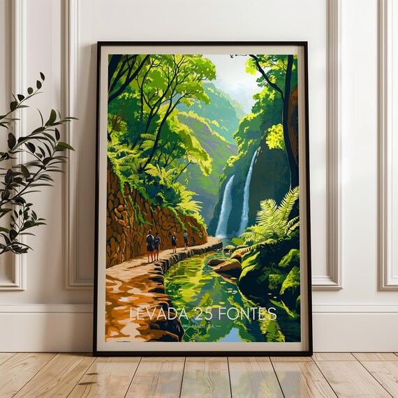 Levada 25 Forest Travel Poster, Madeira Hiking Illustration