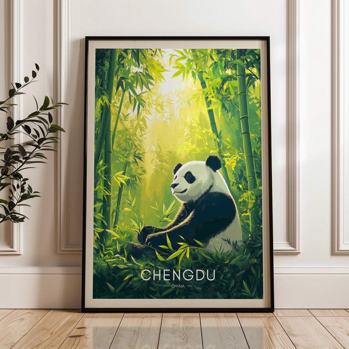 Chengdu China Giant Panda Sunlit Bamboo Forest Wildlife Poster