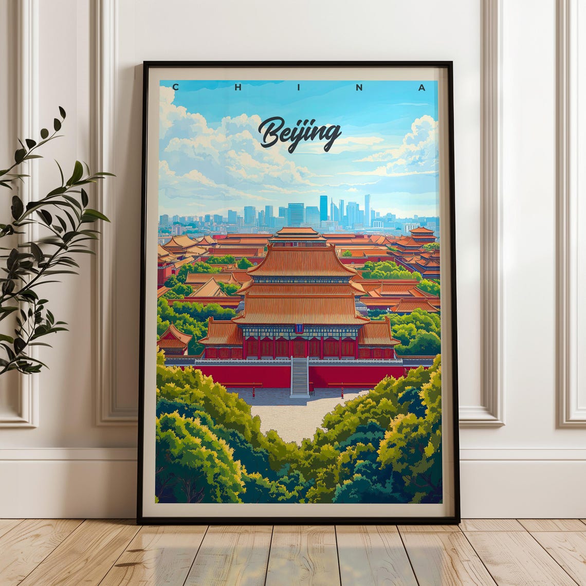 Beijing China Imperial Palace Script Typography Travel Poster