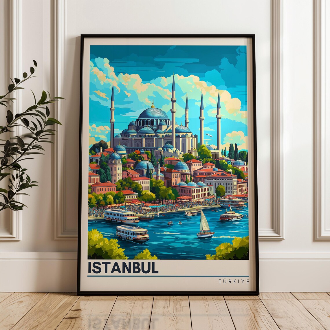 Istanbul Turkiye Blue Mosque Minarets Bosphorus Ferries Travel Poster