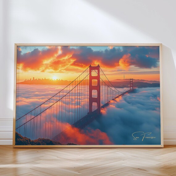 Golden Gate Bridge Sunset Above Fog Clouds San Francisco Poster