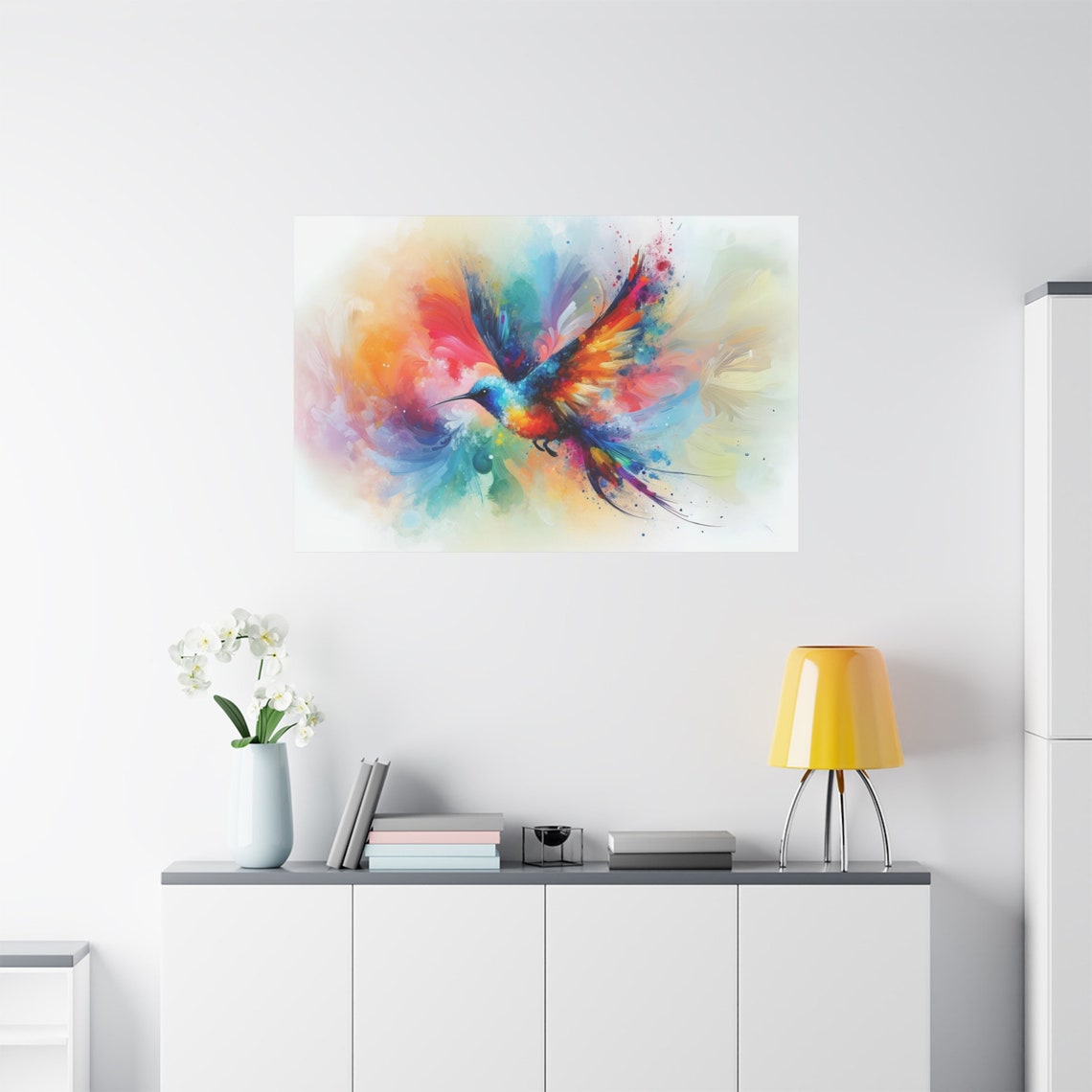 Vibrant Watercolor Hummingbird Flying Rainbow Splash Bird Art Poster - Image 2