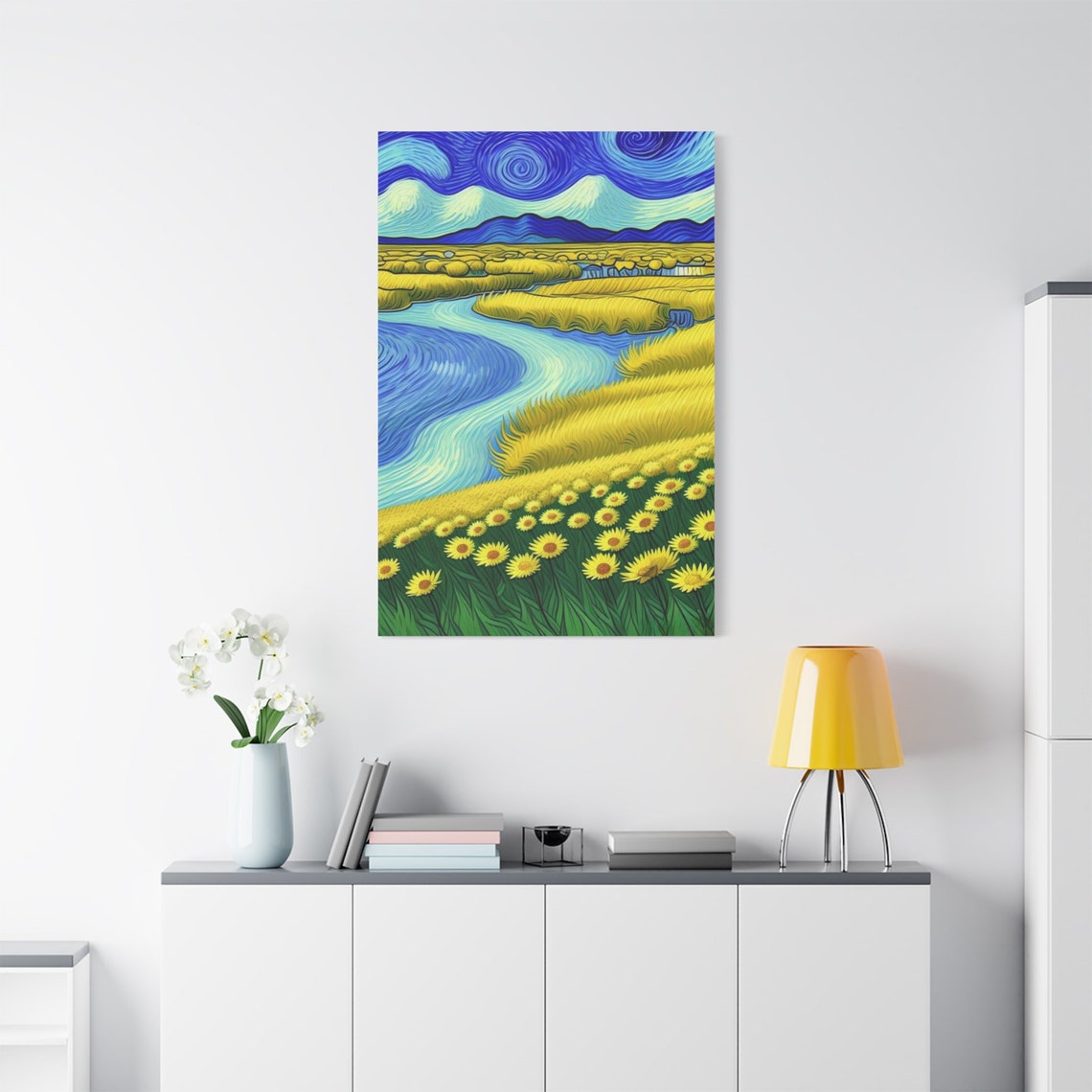 Van Gogh Style Sunflower Field River Swirling Blue Sky Art Poster - Image 4