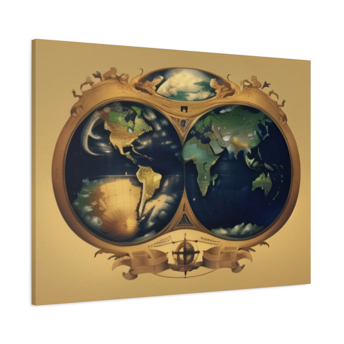 Ornate Gold Vintage World Map Compass Antique Style Wall Art Poster
