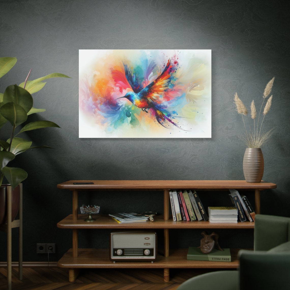 Vibrant Watercolor Hummingbird Flying Rainbow Splash Bird Art Poster - Image 4