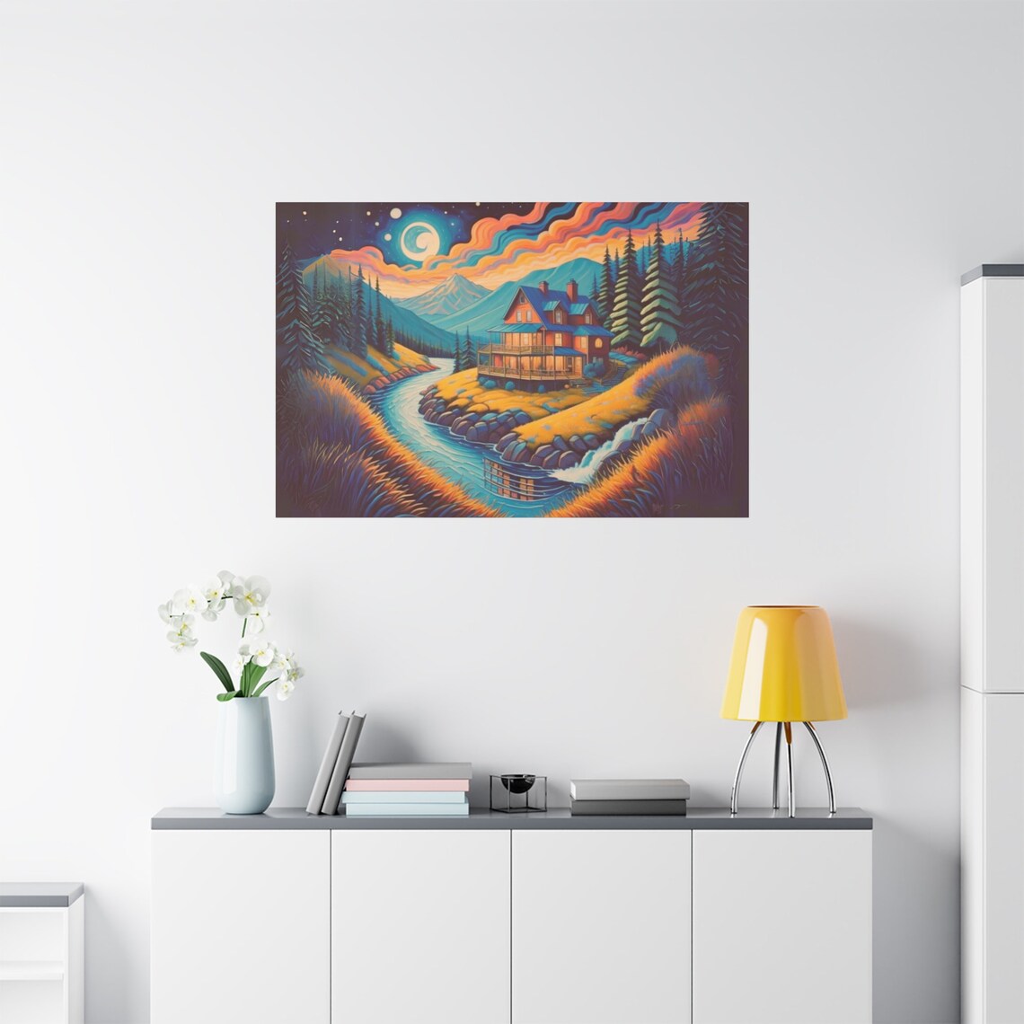 Mountain And Forest Landscape Wall Art House By The Lake Mountain House Painting River Painting Village House Gift - Image 4