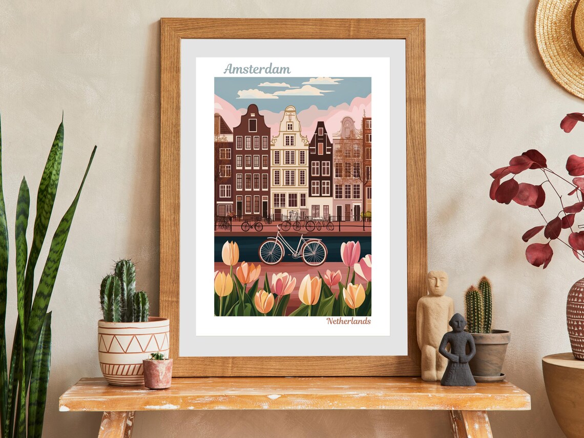 Amsterdam Canal Houses Bicycle Tulips Netherlands Travel Poster - Image 2