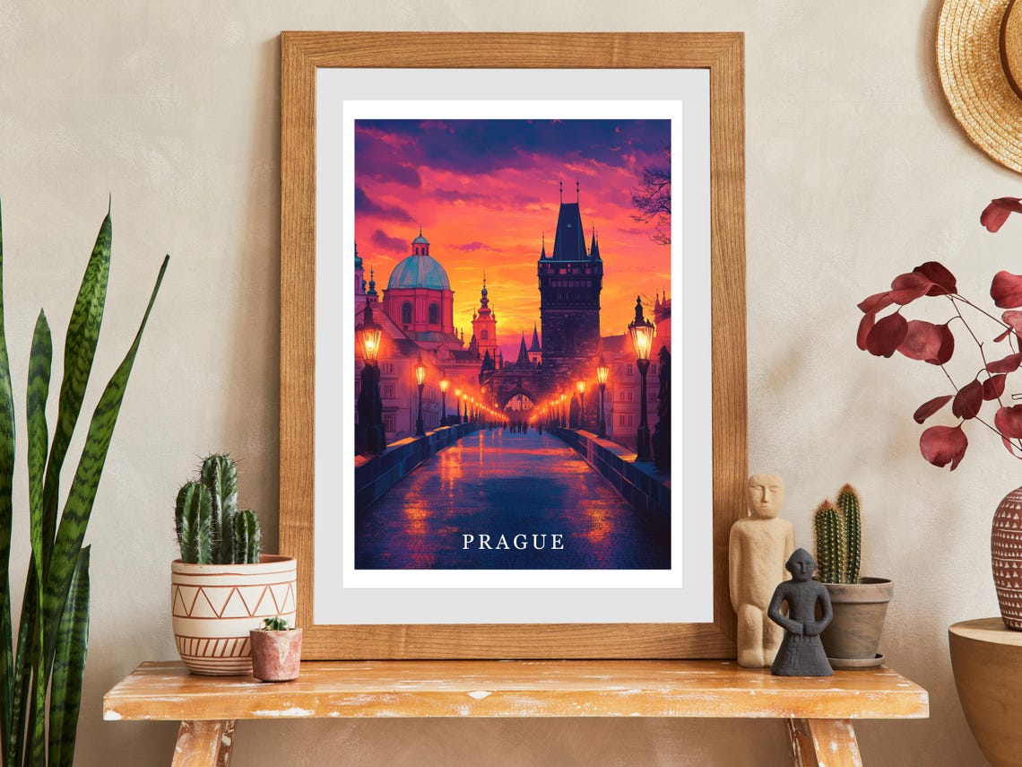 Prague Czech Republic Charles Bridge Fiery Sunset Travel Poster - Image 2