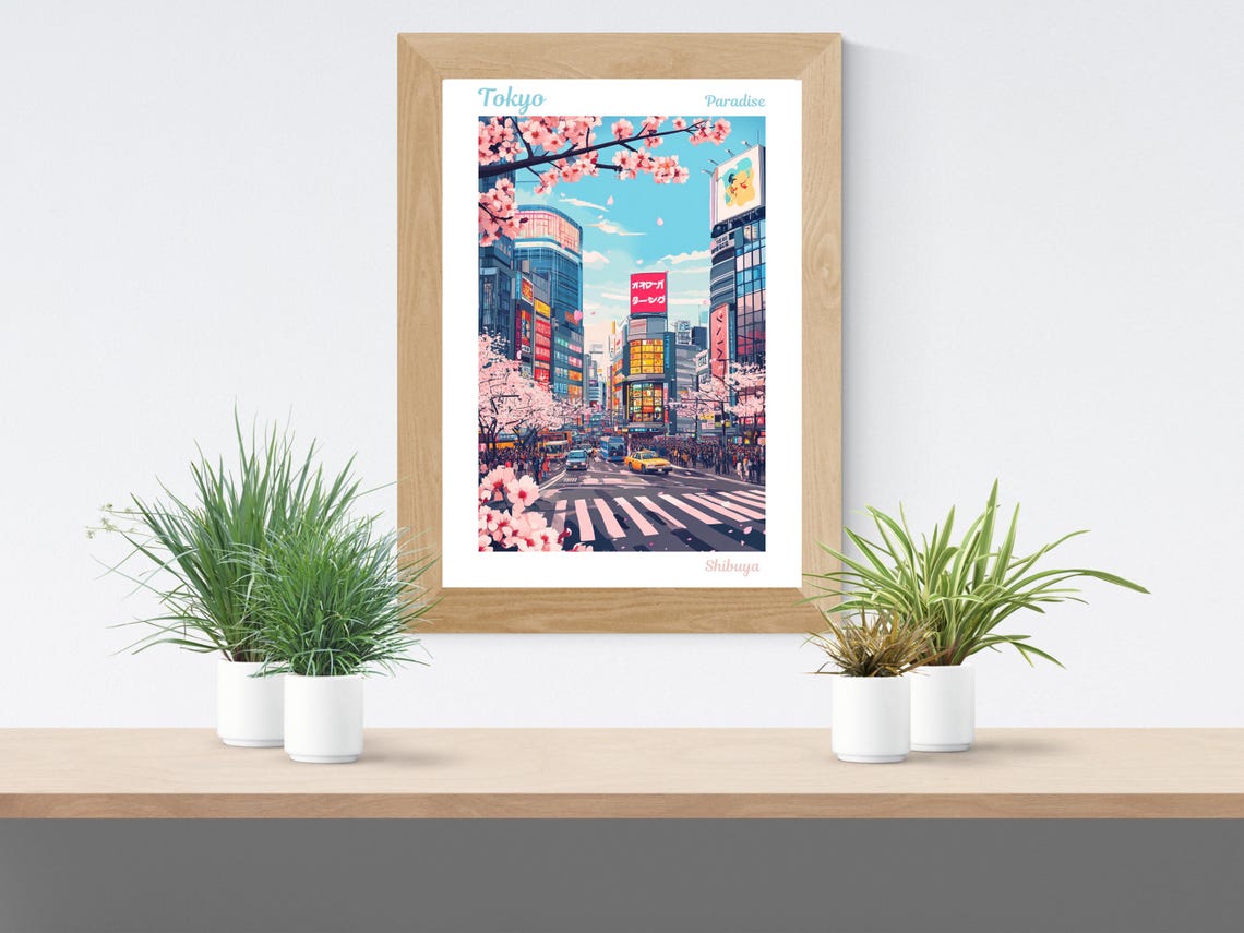 Tokyo Japan Shibuya Crossing Scene with Cherry Blossoms Poster - Image 2