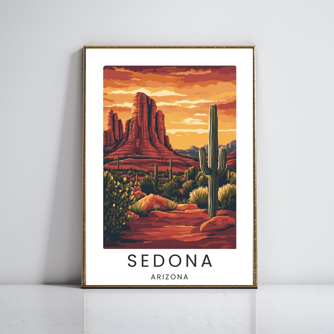 Sedona Red Rocks Saguaro Cactus Sunset Arizona Travel Poster