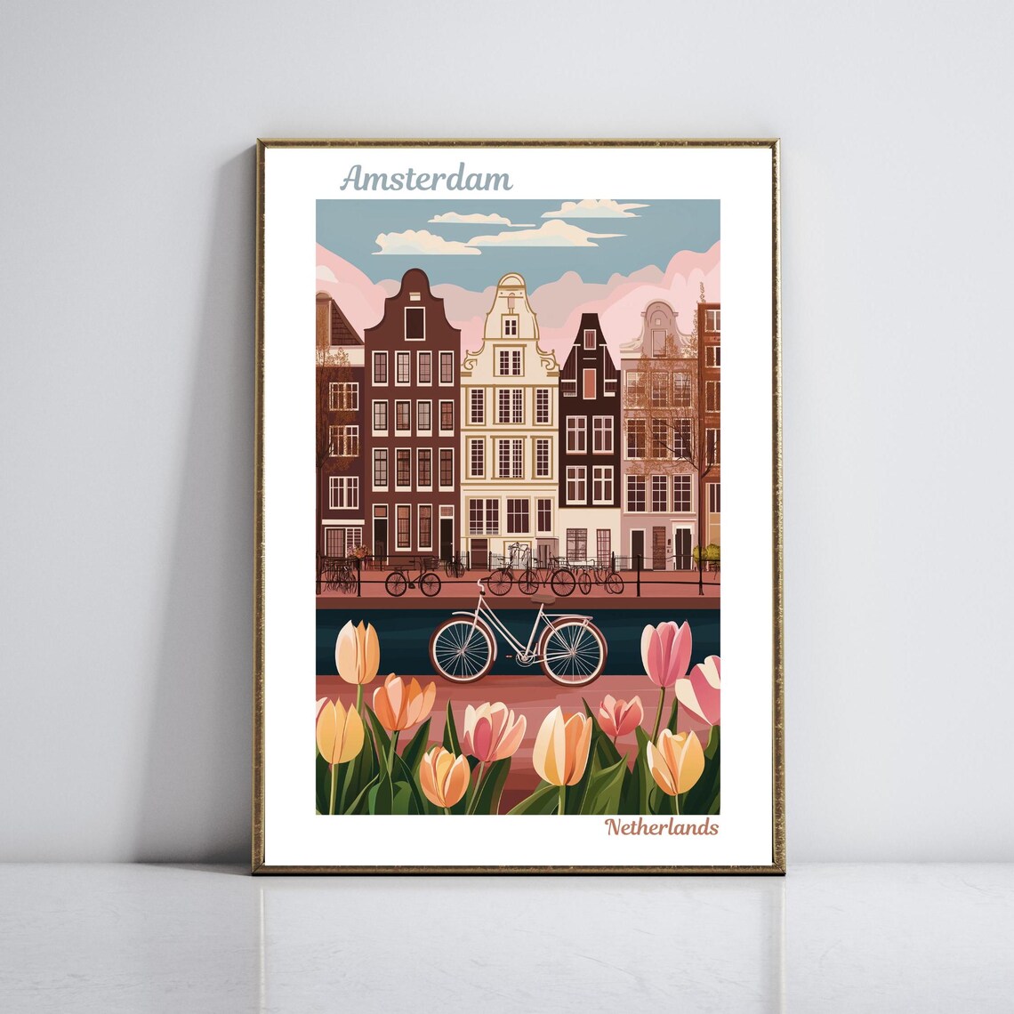Amsterdam Canal Houses Bicycle Tulips Netherlands Travel Poster