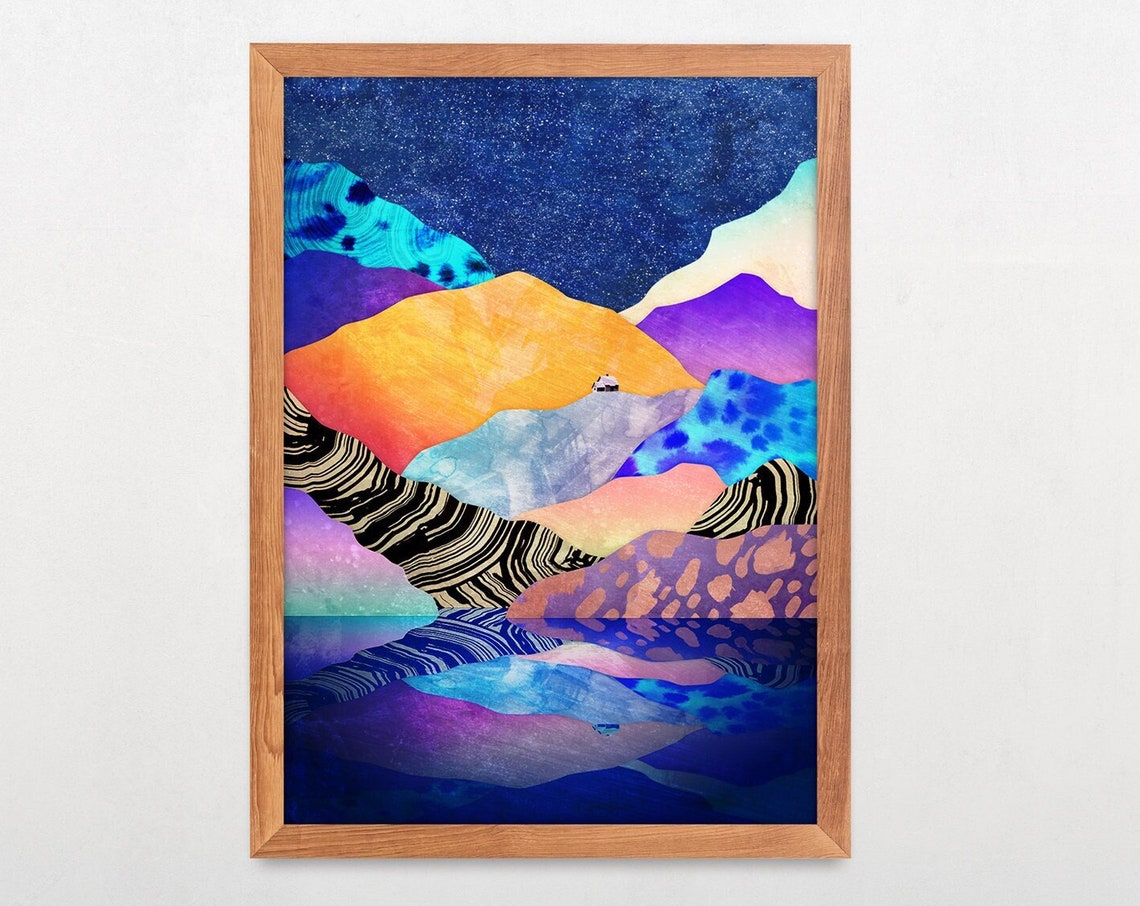Patterned Mountain Lake Under Starry Night Sky Poster for Decor - Image 4