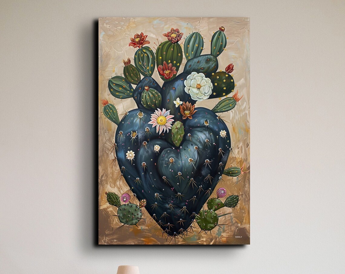 Black Cactus Heart With Desert Flowers Southwestern Art Poster
