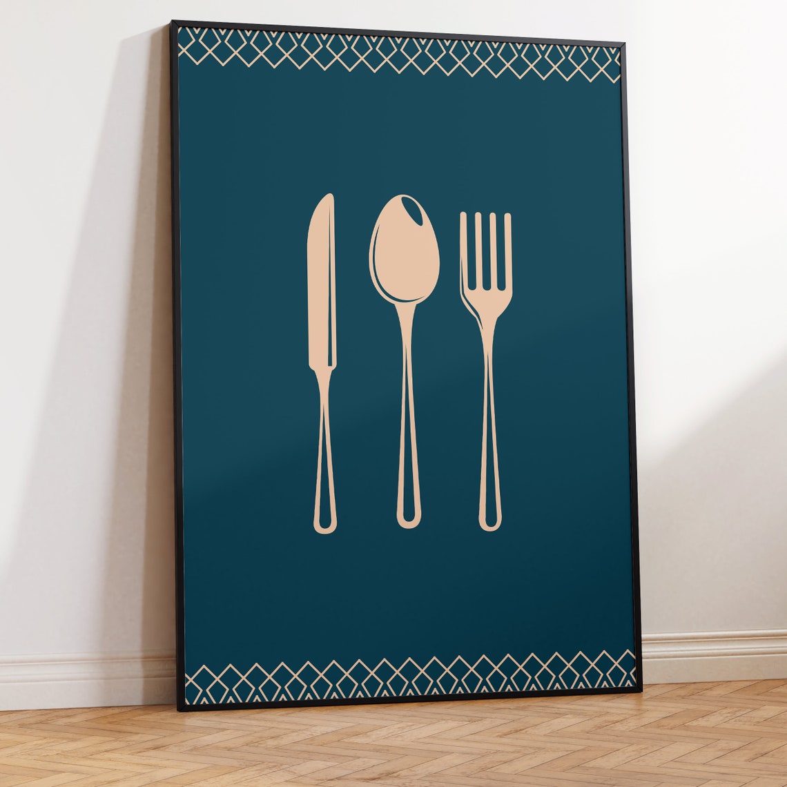 Gold Cutlery Knife Fork Spoon on Teal Kitchen Dining Wall Poster - Image 2