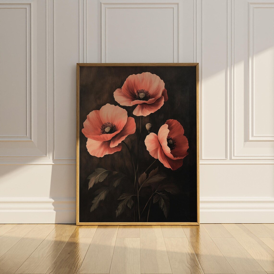 Coral Poppy Flowers on Dark Background Vintage Floral Poster - Image 2
