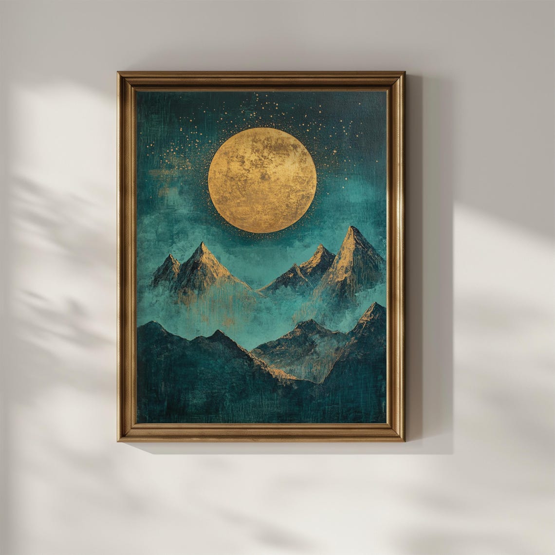 Golden Moon Rising over Teal Mountain Peaks Starry Night Art Poster - Image 2