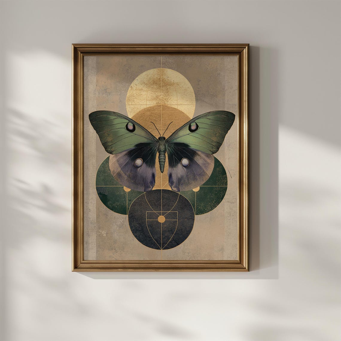 Green Moth with Golden Moon Circles Dark Academia Botanical Poster - Image 3