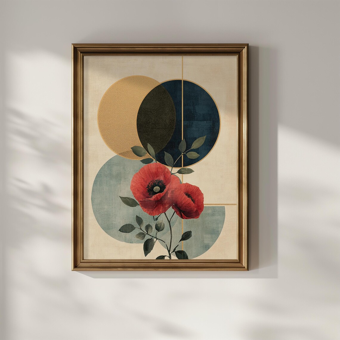 Red Poppies and Golden Circles Art Deco Floral Botanical Poster - Image 2