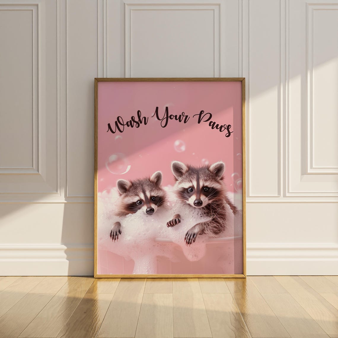 Wash Your Paws Cute Raccoons Bubble Bath Pink Bathroom Poster - Image 2