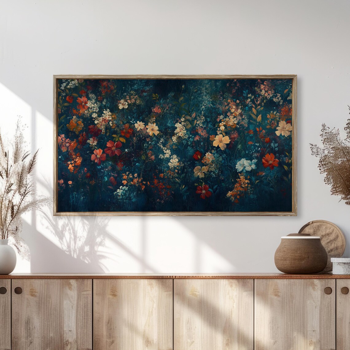 Fall Wildflowers Dark Teal Moody Autumn Floral Oil Painting Earthy Poster - Image 2