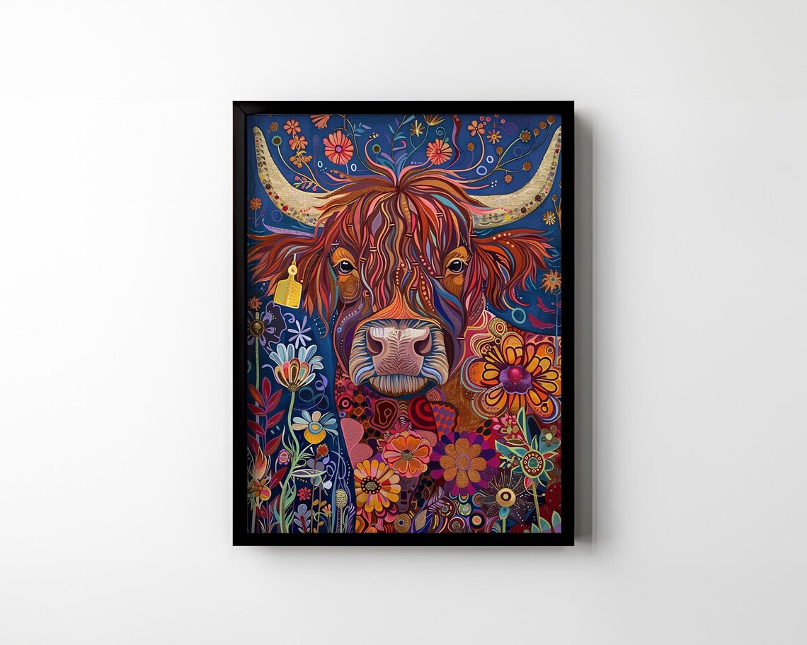 Vibrant Folk Art Highland Cow Portrait on Deep Blue Floral Poster - Image 2