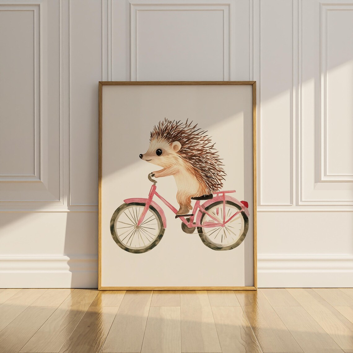 Cute Hedgehog Riding Pink Bicycle Watercolor Kids Nursery Art Poster - Image 3