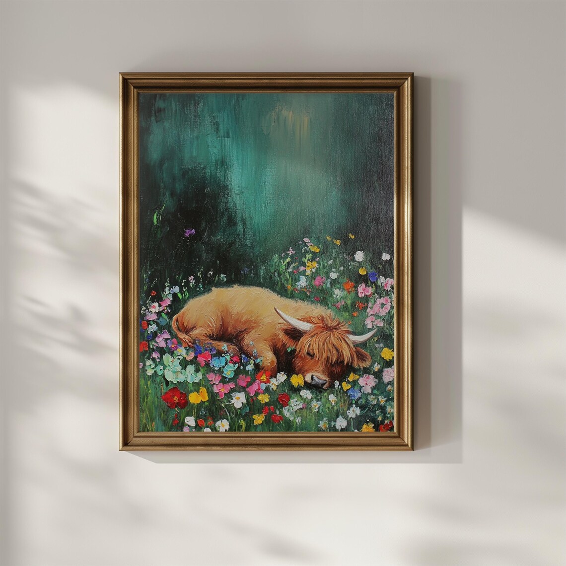 Highland Cow Sleeping In A Field Of Wildflowers Wall Art Oil Painting Floral Kids Bedroom Wall Decor Farmer Gift - Image 2