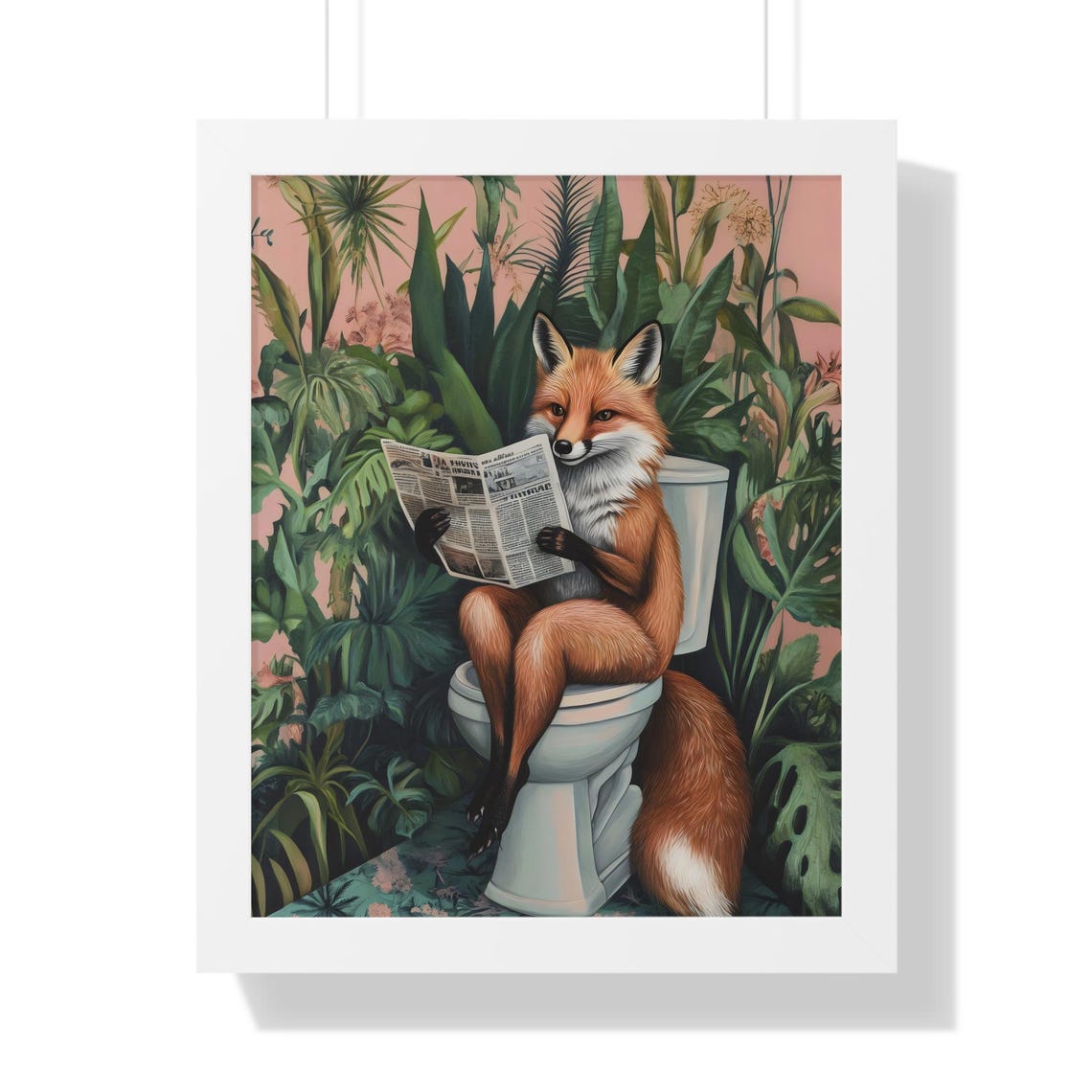 Clever Red Fox on White Toilet Reading Newspaper Tropical Poster - Image 2