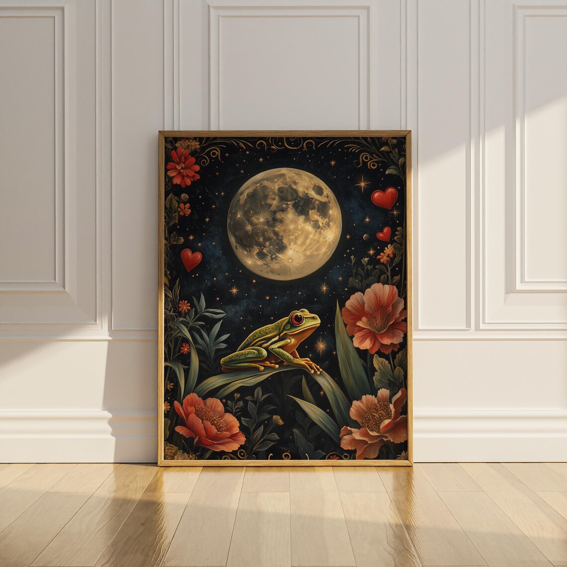 Tree Frog on Leaf under Full Moon with Hearts Whimsical Night Art Poster - Image 2