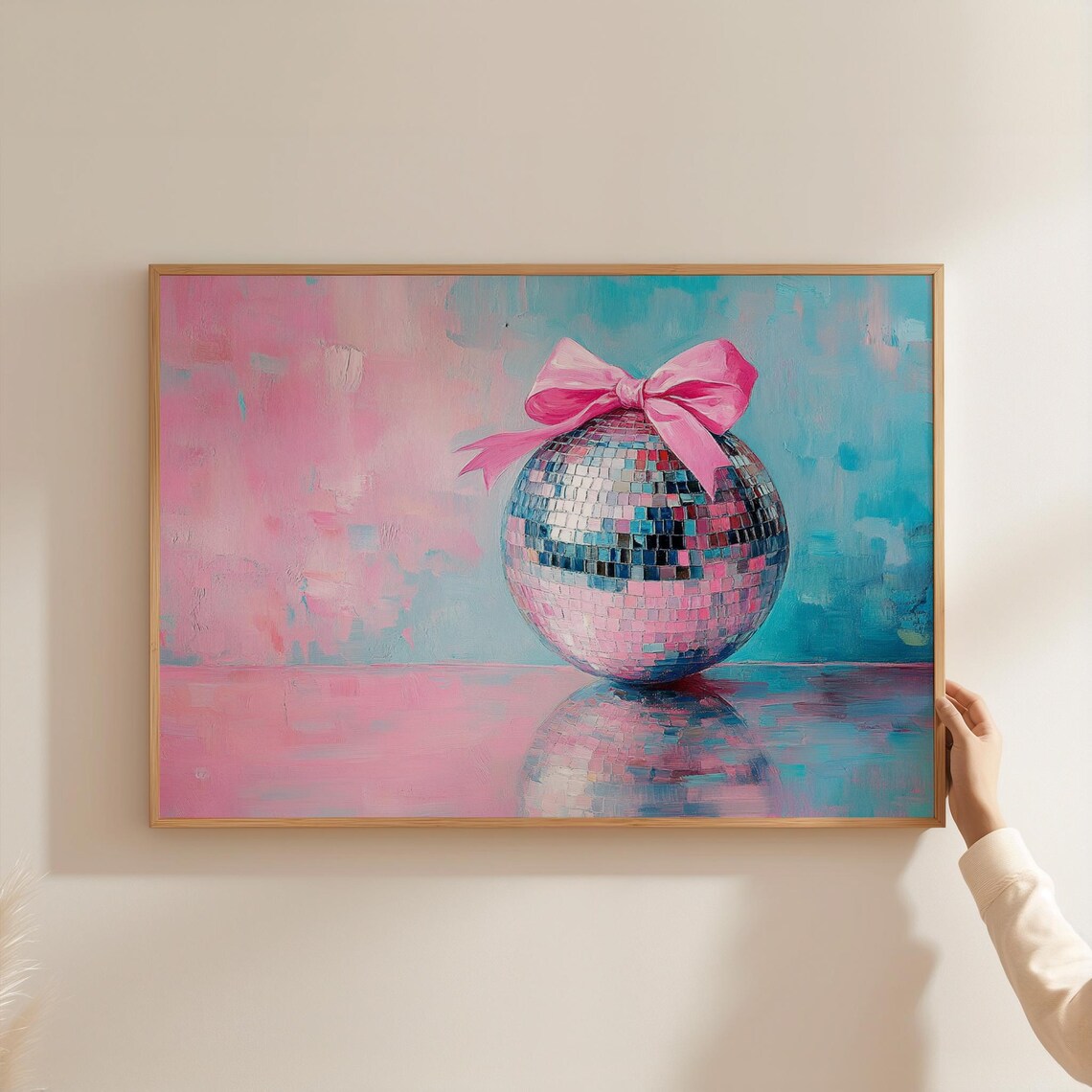 Disco Ball Pink Bow Retro Pink Blue Oil Painting Mirrorball Art Print - Image 2