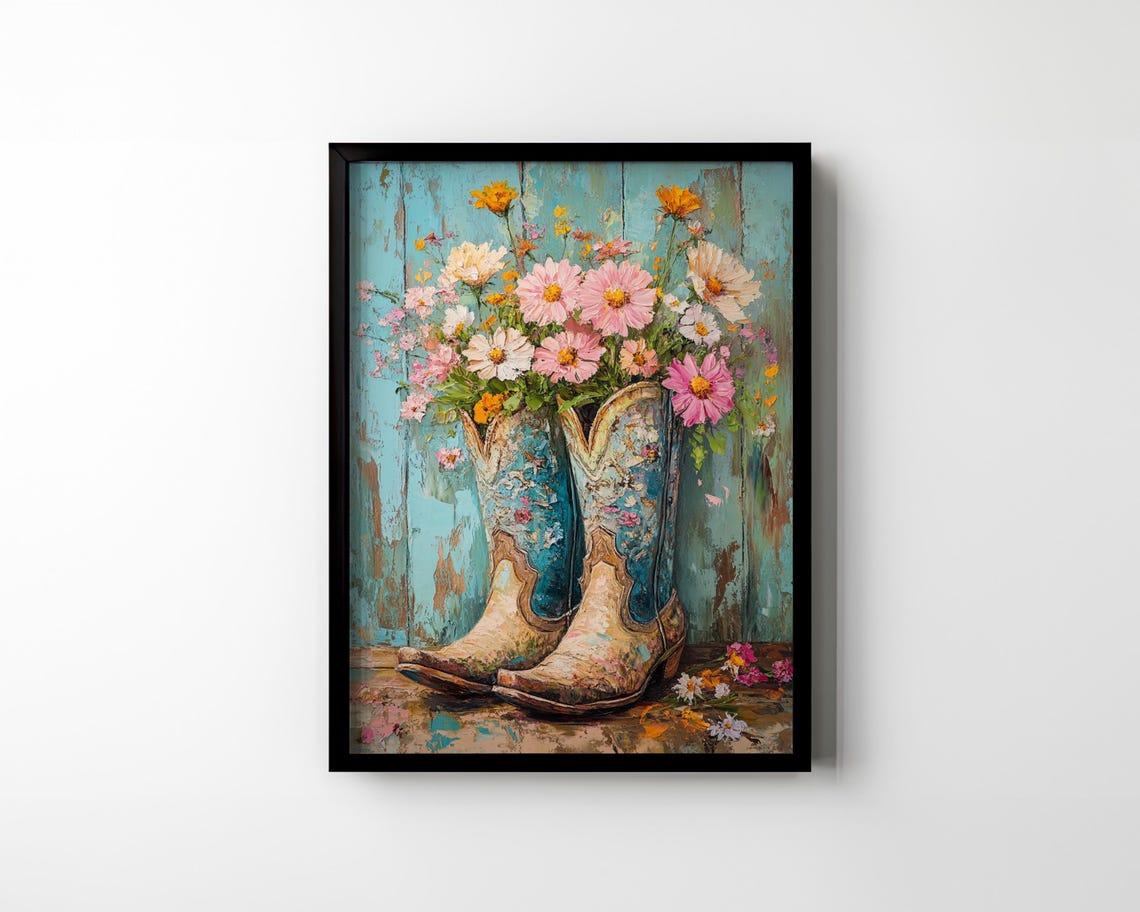 Floral Cowboy Boots Filled With Wildflowers Rustic Western Poster - Image 2