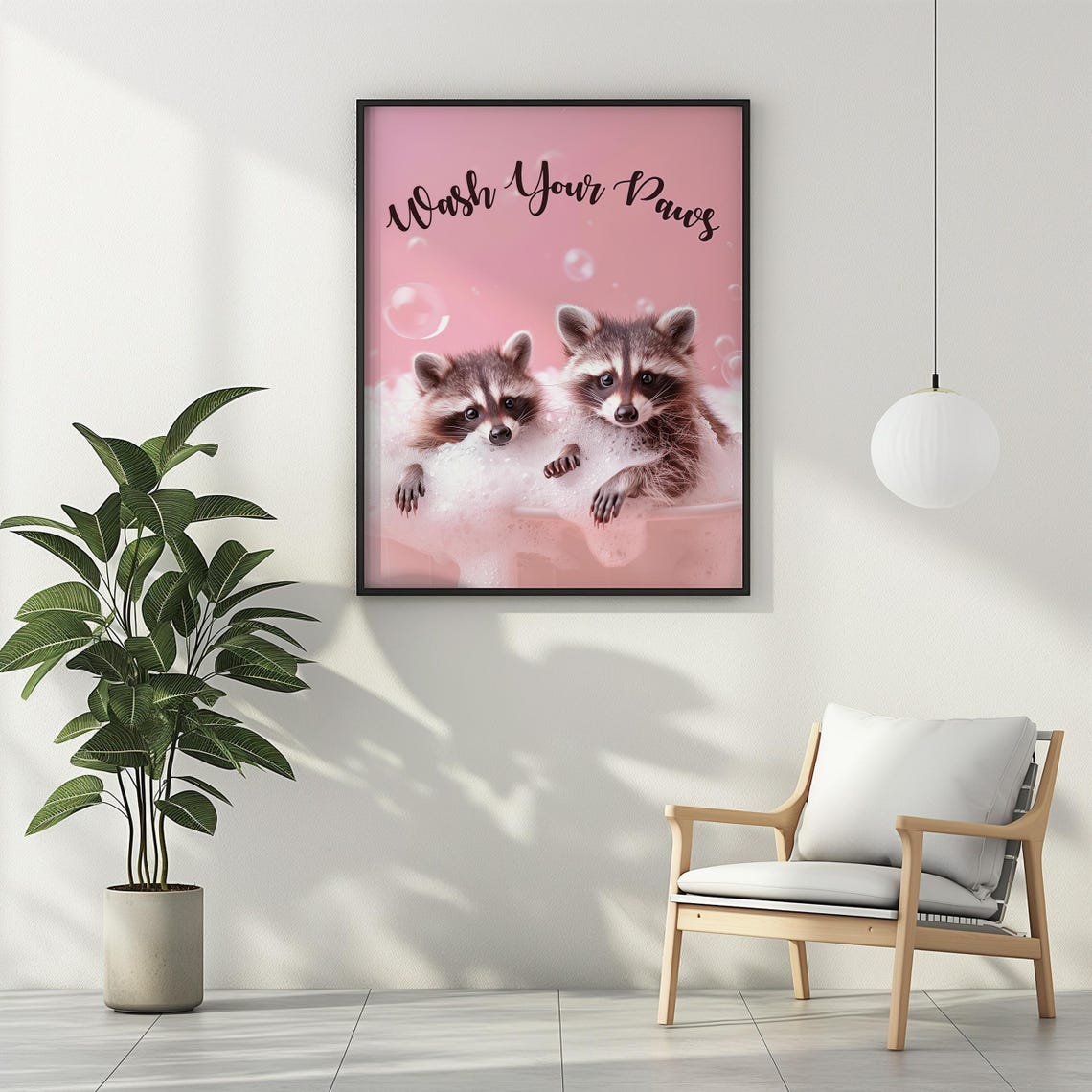Wash Your Paws Baby Raccoons in Bubbles Pink Wall Decor Poster - Image 2