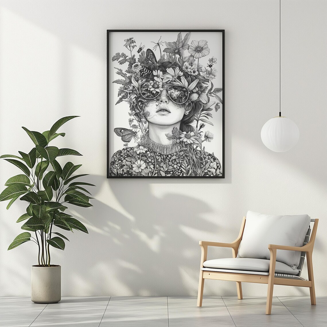 Wildflower Woman with Sunglasses Black and White Line Art Poster - Image 3