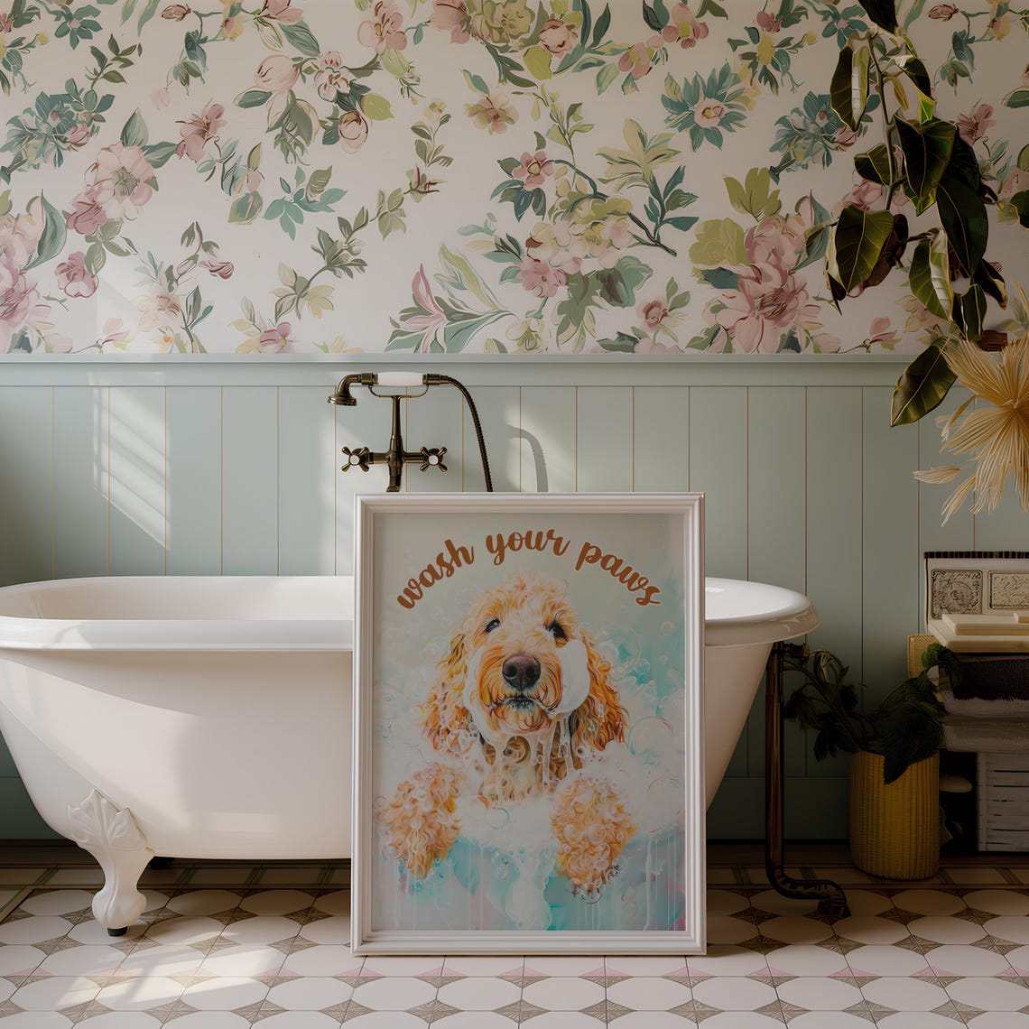 Wash Your Paws Fluffy Goldendoodle Dog Covered in Bubbles Wall Art - Image 2