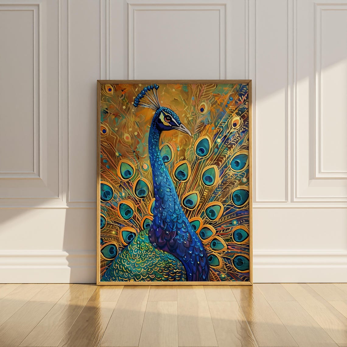 Majestic Peacock With Fanned Tail Blue Gold Impasto Art Poster - Image 3