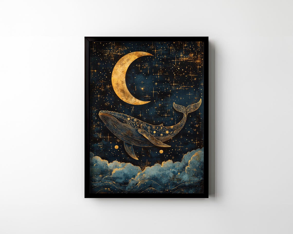 Celestial Whale Under Crescent Moon Starry Night Clouds Poster - Image 2