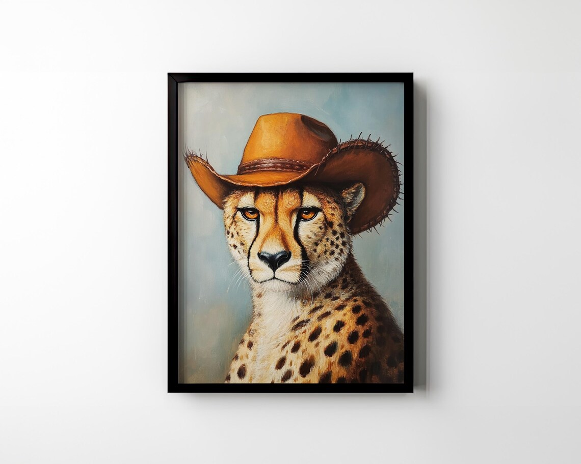 Cheetah Wearing Cowboy Hat Oil Painting Portrait Western Wild Cat Poster - Image 2
