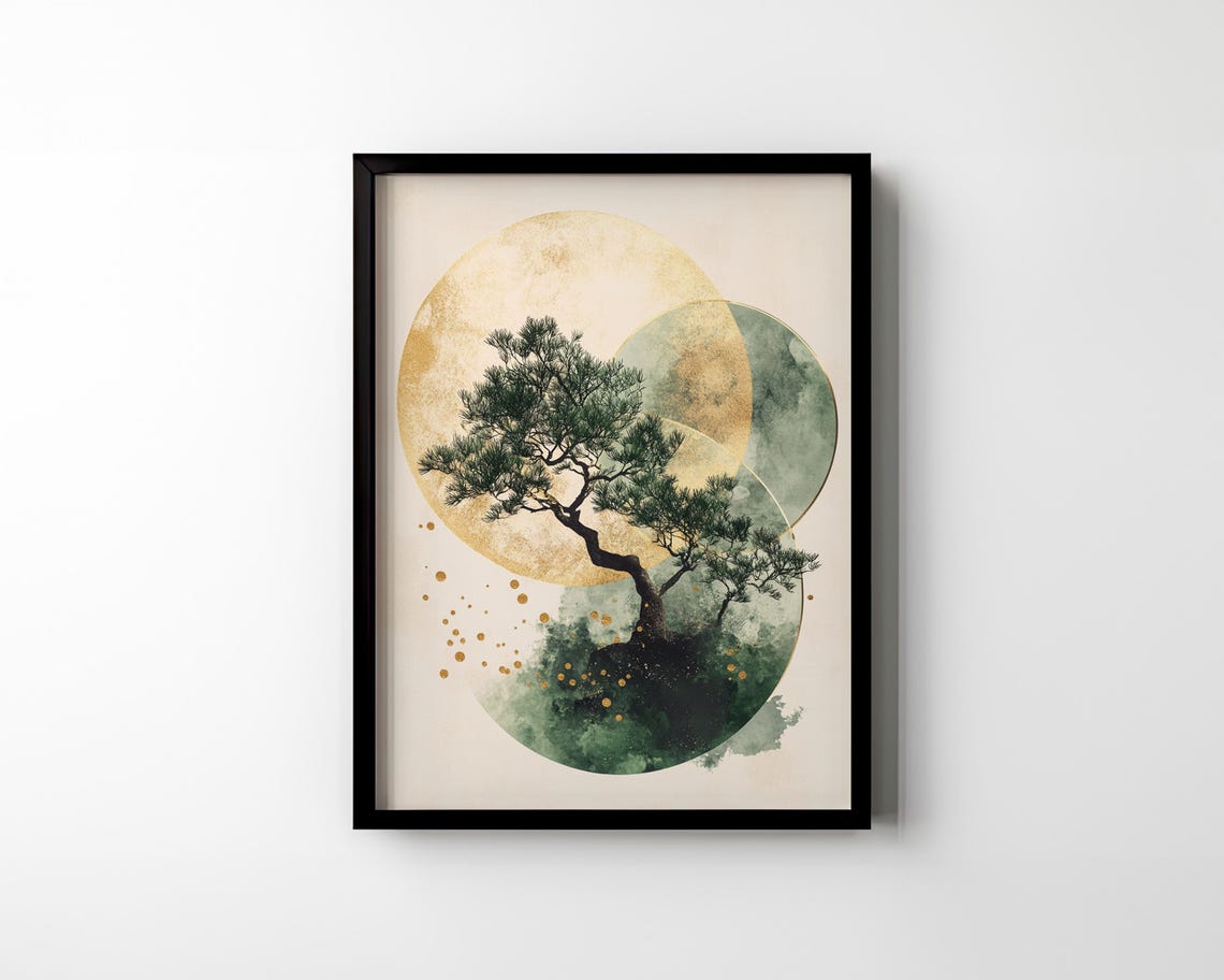 Japanese Bonsai Tree Golden Circles Modern Abstract Geometric Poster - Image 2