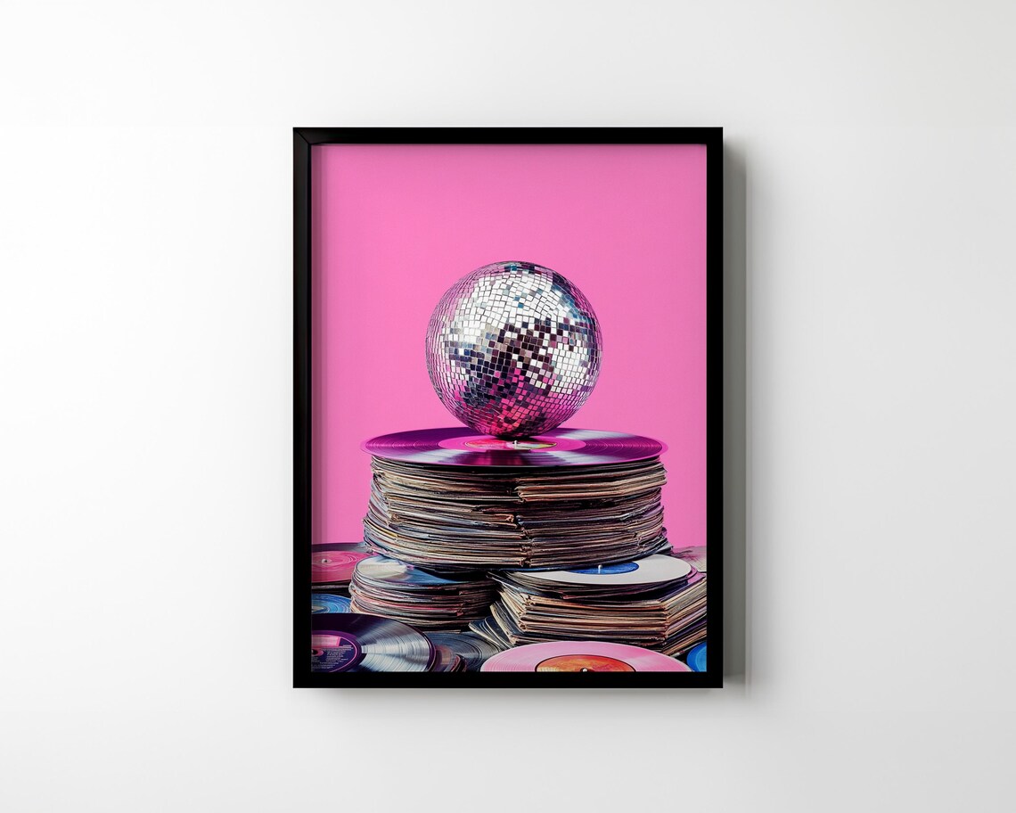 Vinyl Records and Disco Ball, Vintage 70s Poster - Image 2