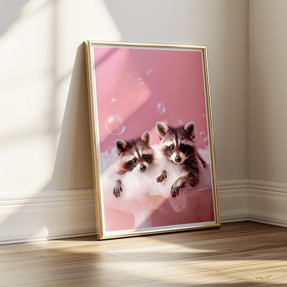 Two Baby Raccoons In Pink Bubble Bath Funny Bathroom Wall Art Poster - Image 3