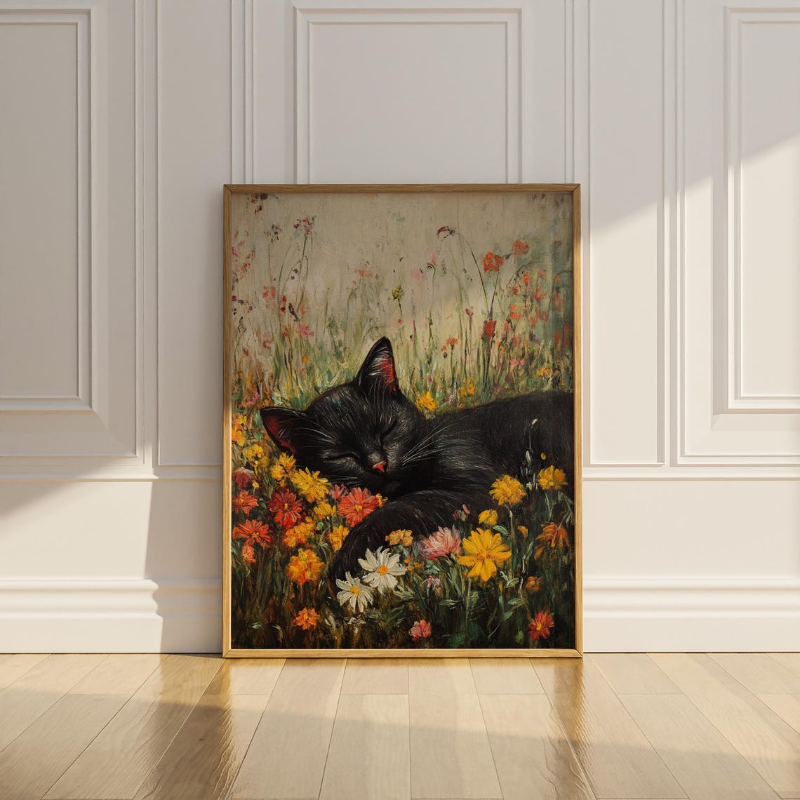 Black Cat Sleeping In A Field Of Wildflowers Poster Print Vintage Flowers Floral Wall Art Artful Trendy Modern Cat Lover Gifts Matte Poster - Image 2