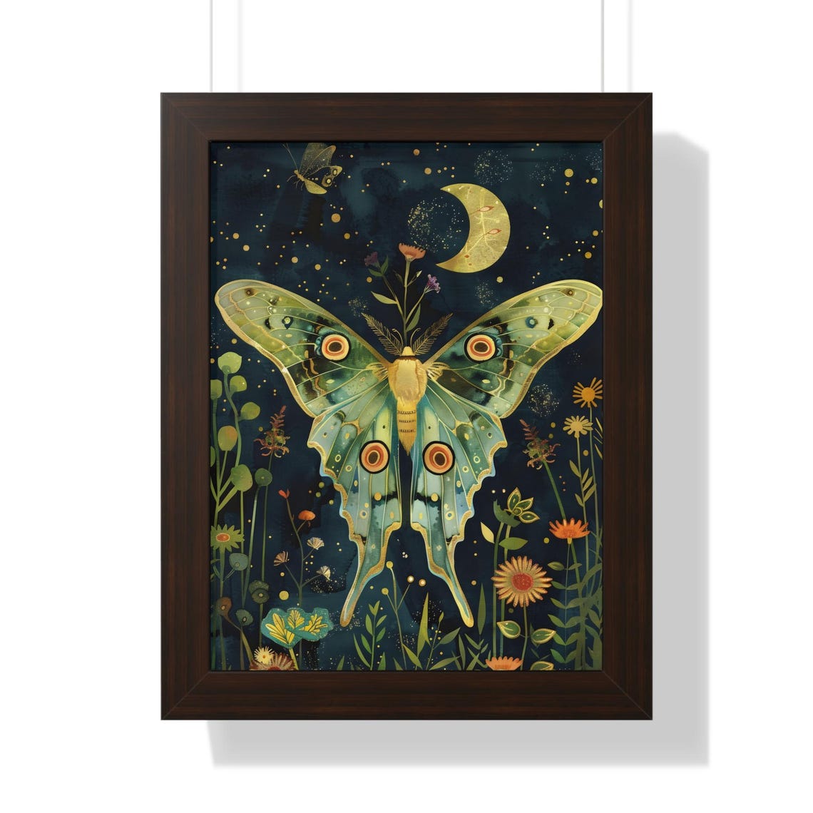 Luna Moth and Golden Crescent Moon Dark Starry Night Botanical Poster - Image 2