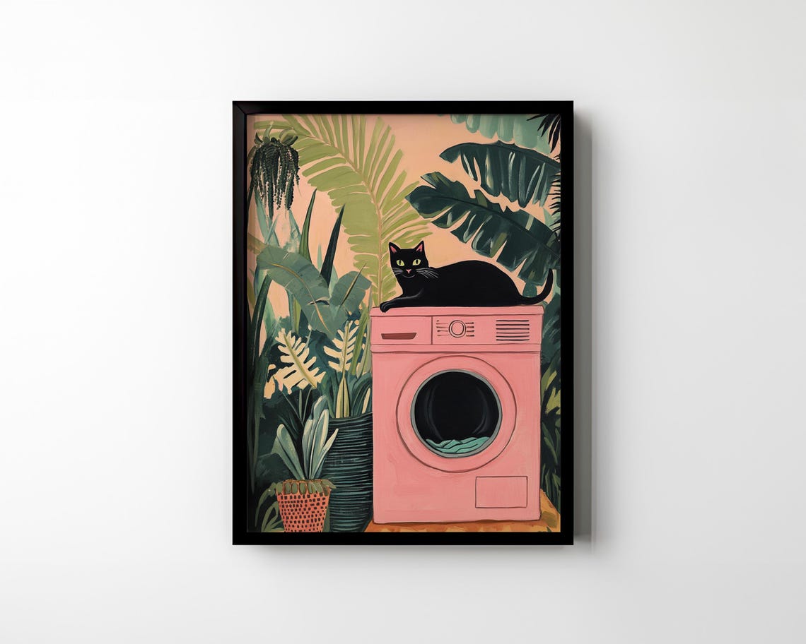 Black Cat Lounging on Pink Washer Tropical Plants Art Poster - Image 2