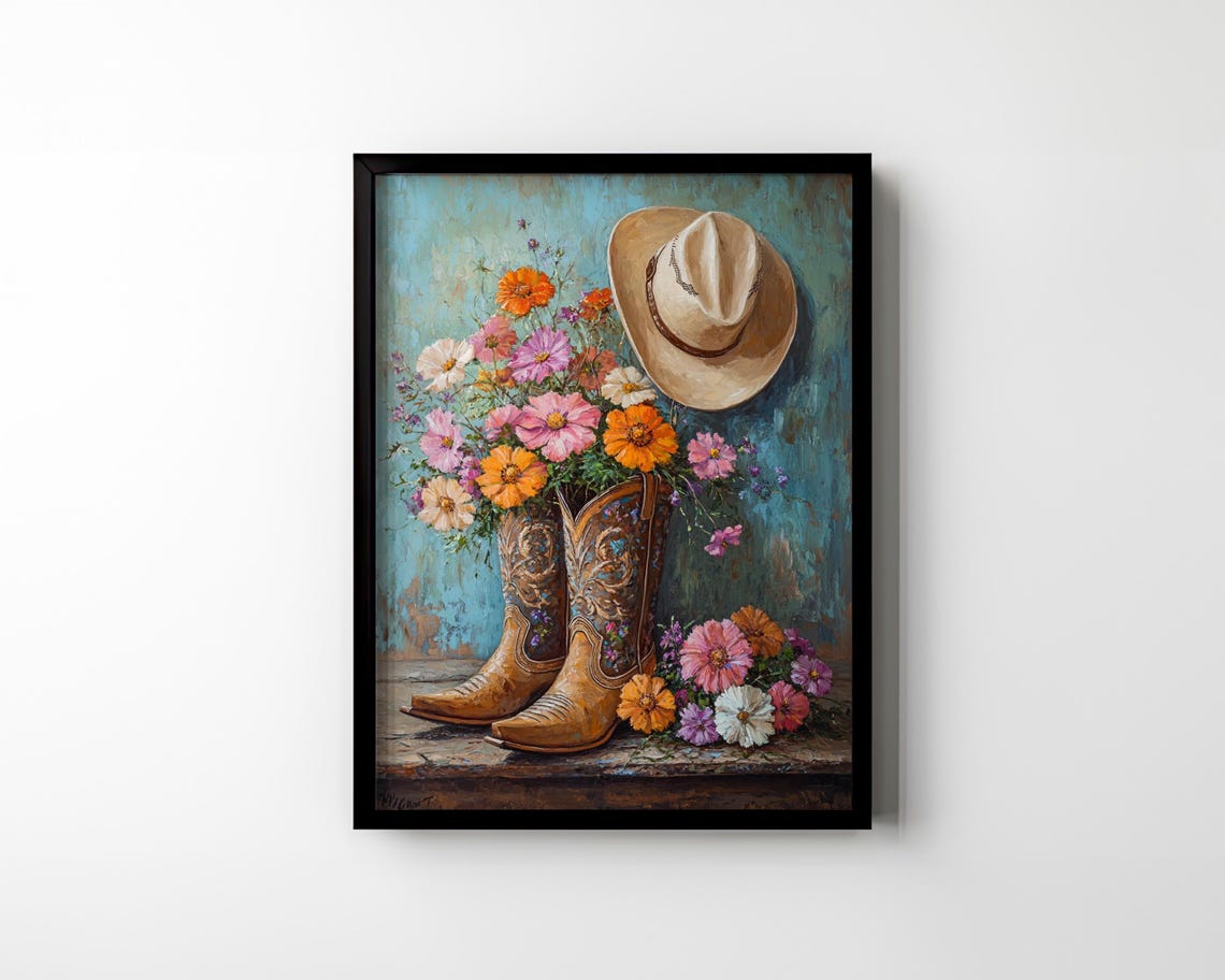 Cowboy Boots Overflowing with Cosmos Flowers and Hat Rustic Art Poster - Image 2