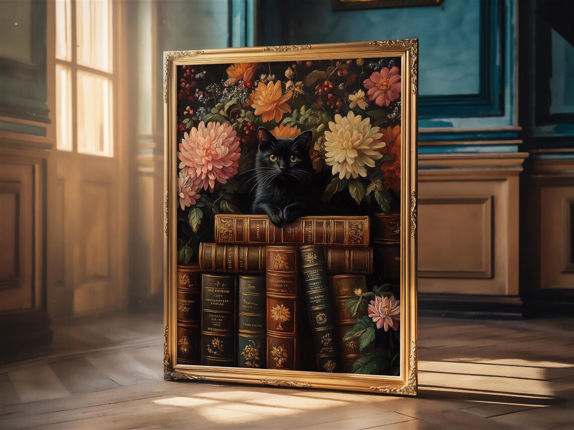 Black Cat Peeking over Old Books with Dahlias Dark Art Poster - Image 3