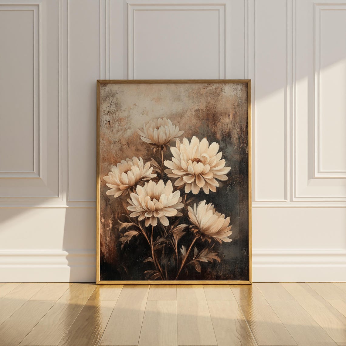 Ivory Chrysanthemums Dark Romantic Floral Oil Painting Vintage Poster - Image 2