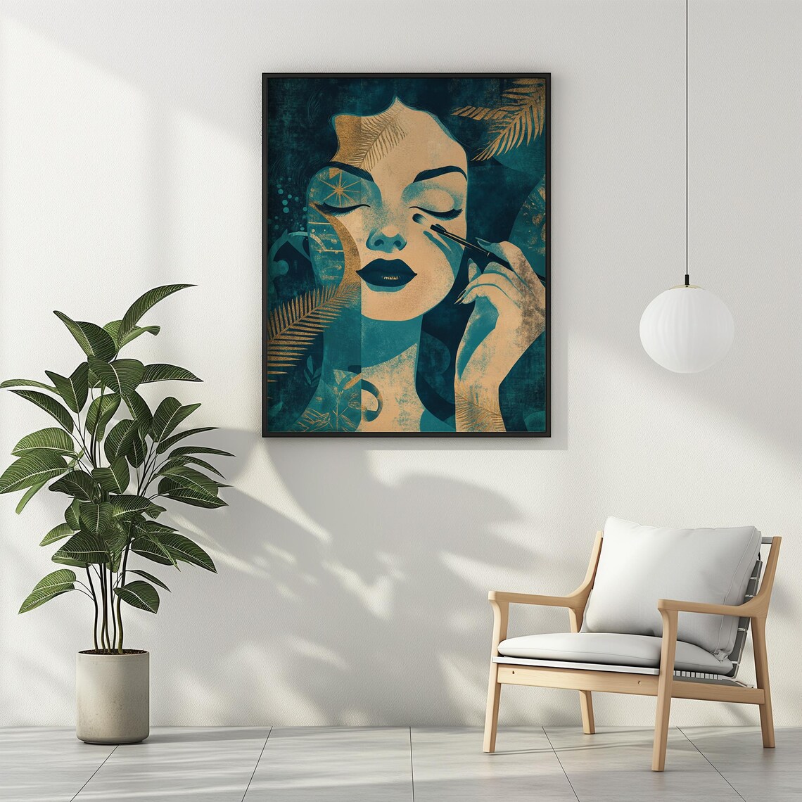 Teal Gold Beauty Portrait Woman Applying Eyeshadow Floral Art Poster - Image 3