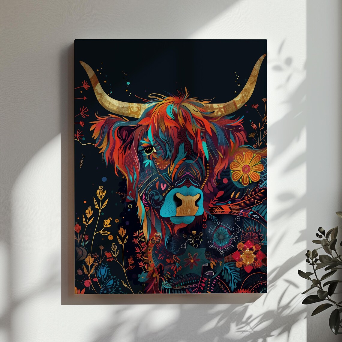 Highland Cow Colorful Folk Art Floral Night Portrait Wall Poster - Image 3